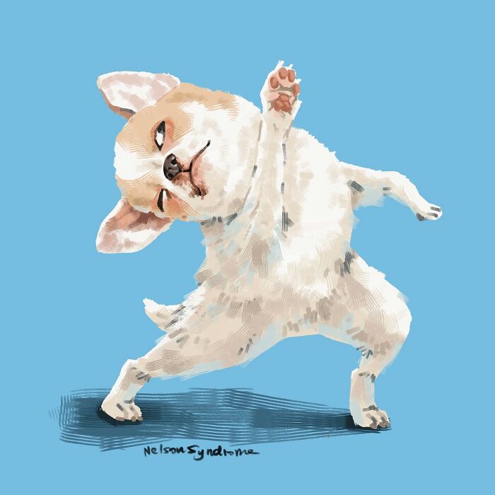 Whimsical illustration by Nelson Syndrome of a funny little chihuahua striking a dynamic yoga pose.