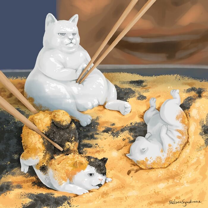 Cat illustrations by Nelson Syndrome depicting round felines as fried food parodies with chopsticks