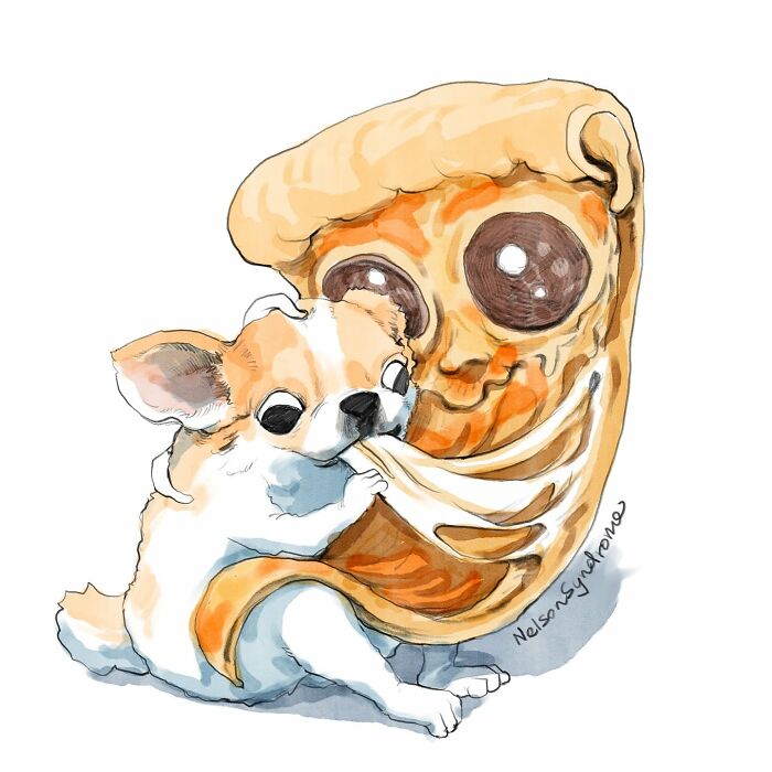 Cute illustration by Nelson Syndrome featuring a tiny chihuahua puppy getting a hug from a slice of pizza.