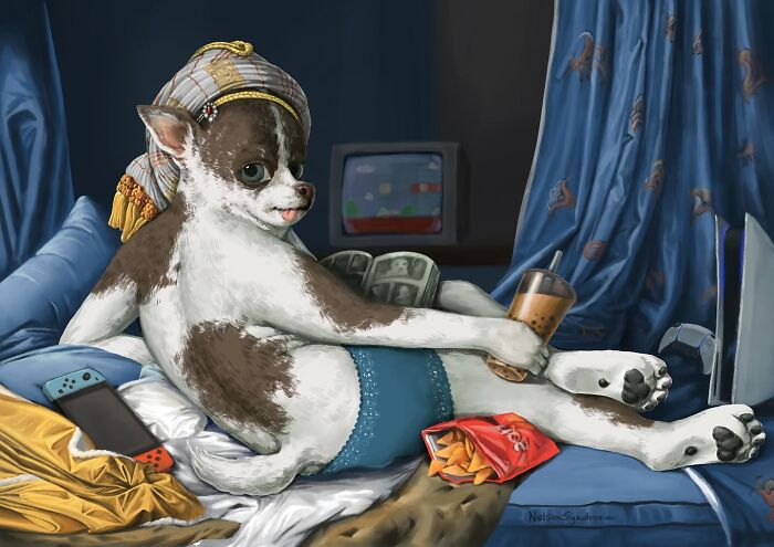 A modern parody illustration by Nelson Syndrome of a chihuahua reclining as the Girl with a Pearl Earring.