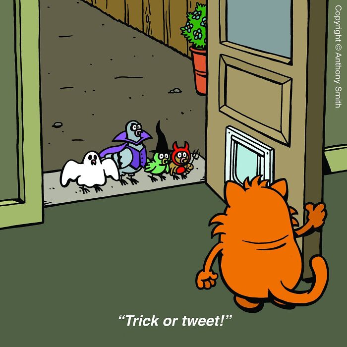 Funny cat comic of an orange cat opening a door to costumed birds trick-or-treating.