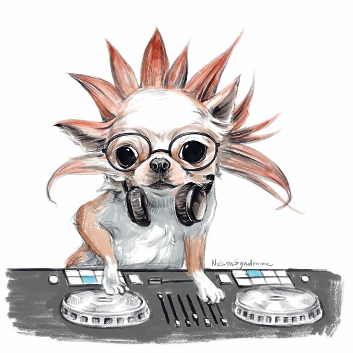Nelson Syndrome illustration parodying a Chihuahua dog as a cool DJ with spiked hair, glasses, and a turntable