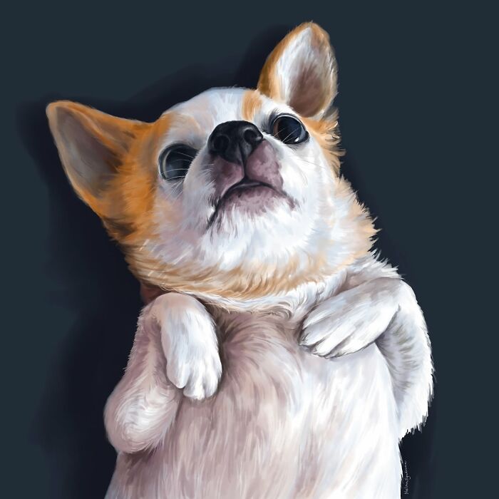 An adorable dog painted in the style of Nelson Syndrome illustrations looking upward with big eyes