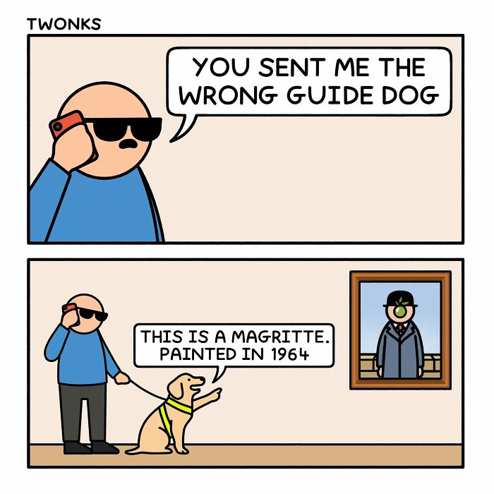 Funny comics featuring a guide dog describing a Magritte painting to a blind man.