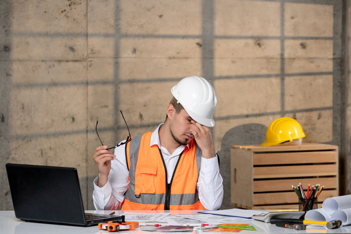 Stressed boss wearing hard hat and safety vest, holding glasses at his desk, feeling humiliated and overwhelmed