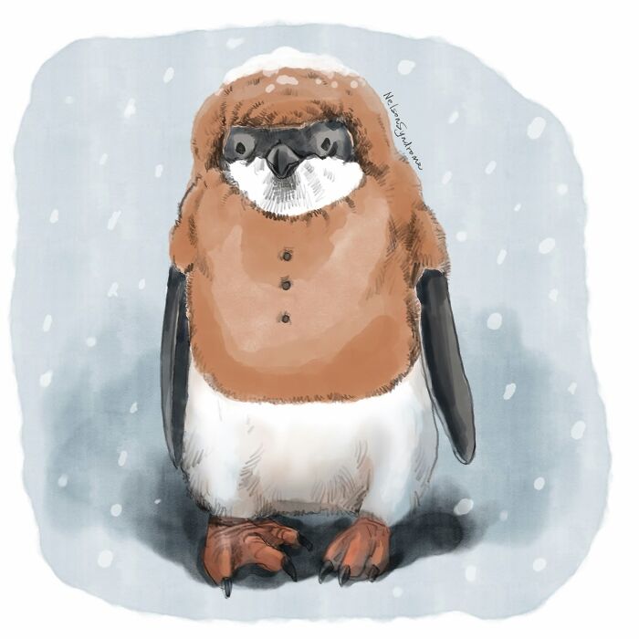 Nelson Syndrome illustration of a cute young penguin wearing a cozy brown sweater in the snow