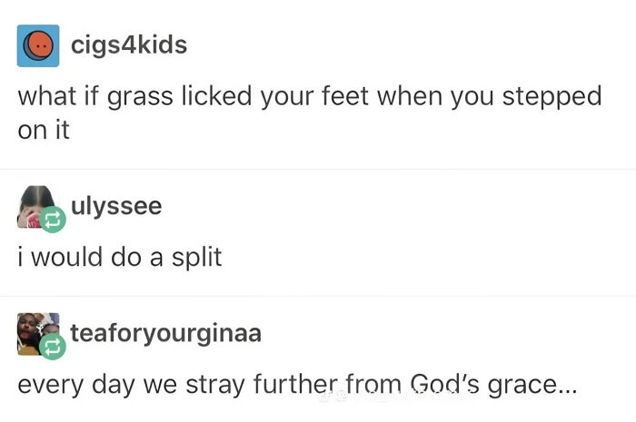 Awkward text screenshots featuring a funny online conversation thread about grass licking feet.