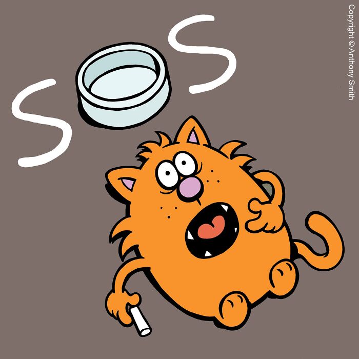 A hungry orange cat writing SOS next to an empty bowl in funny cat comics.