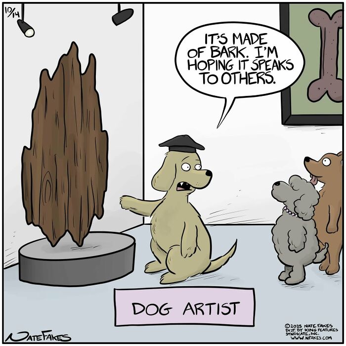 Dog artist comic explaining bark sculpture to dog audience