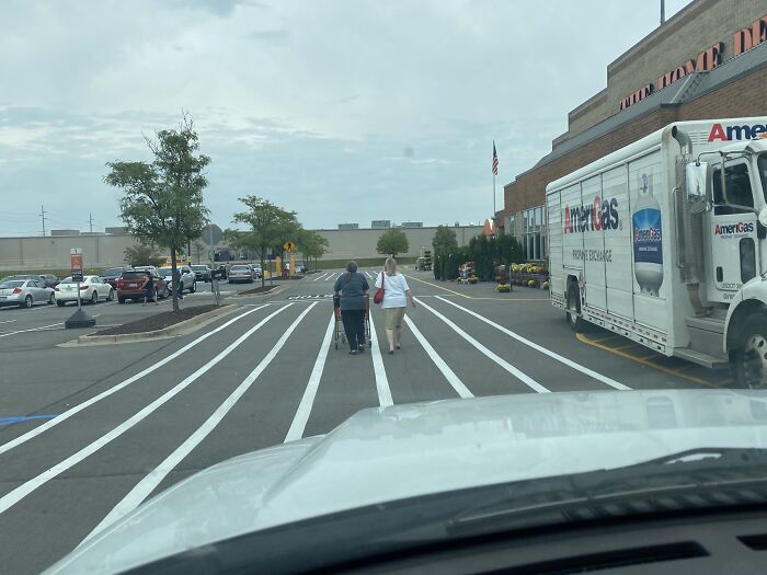 Two shoppers pushing carts down absurdly painted lines on a parking lot road