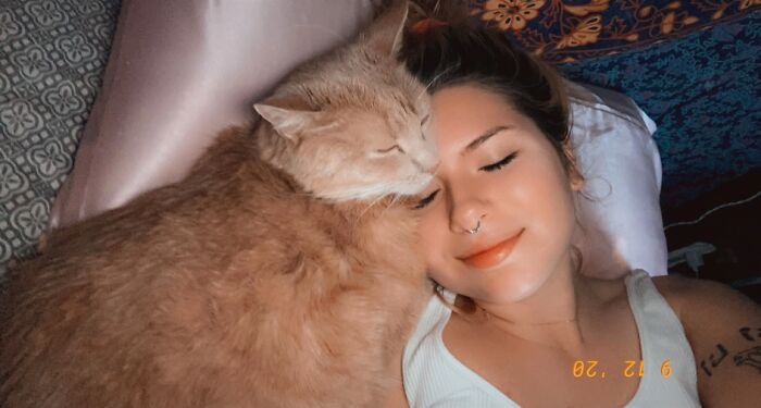 A happy girl sleeping next to her fluffy orange cat, showing a TikTok trend sharing life stories with pets.