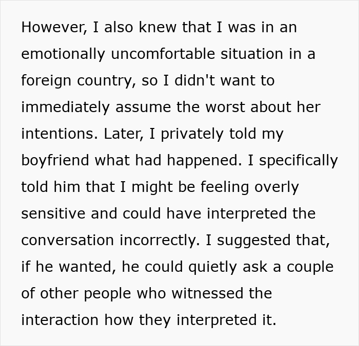 A text story about a woman discussing an uncomfortable wedding interaction with her boyfriend. A text story about a woman discussing an uncomfortable wedding interaction with her boyfriend.