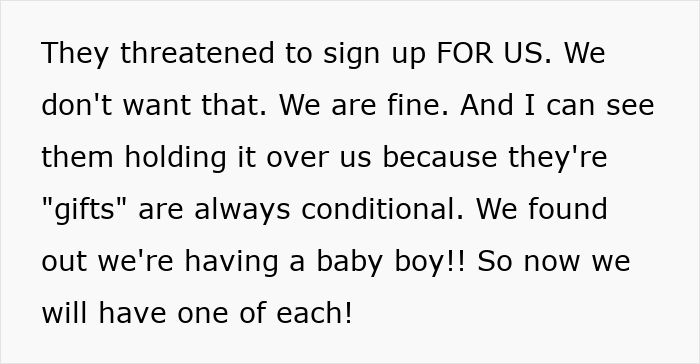 Black text on white background discussing parents conditional gifts and giving birth to a baby boy. Black text on white background discussing parents conditional gifts and giving birth to a baby boy.