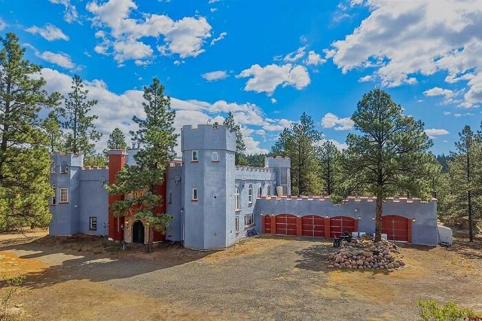 Castle-like strange building in forested area under cloudy sky