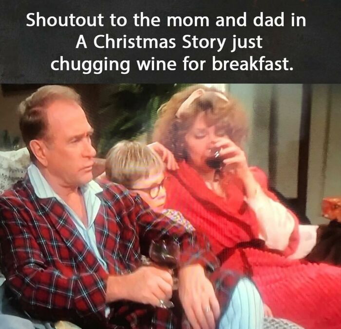 A Christmas Story movie meme bringing back nostalgic photos of parents drinking wine.