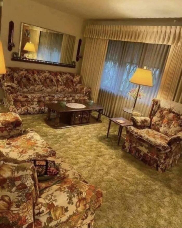 Vintage living room with floral sofas and s**g carpet in nostalgic photos from 80s kids childhoods.