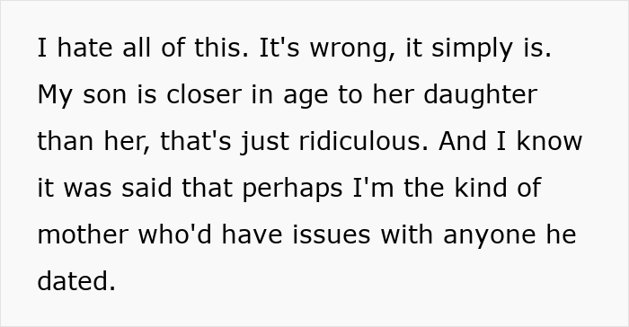 Text post from a mom losing sleep over her son's GF age gap relationship. Text post from a mom losing sleep over her son's GF age gap relationship.