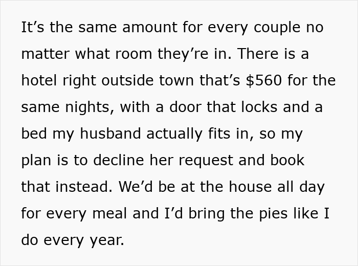 Text explaining a child-free couple plan to decline MIL and book a hotel room instead. Text explaining a child-free couple plan to decline MIL and book a hotel room instead.