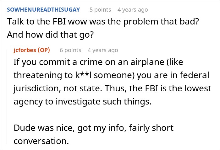 Reddit comment discussing FBI involvement after dad yells and threatens crew on flight. Reddit comment discussing FBI involvement after dad yells and threatens crew on flight.