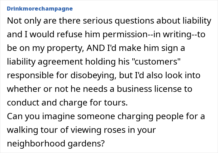 Comment discussing liability and business license concerns regarding a paid tour on someone else property