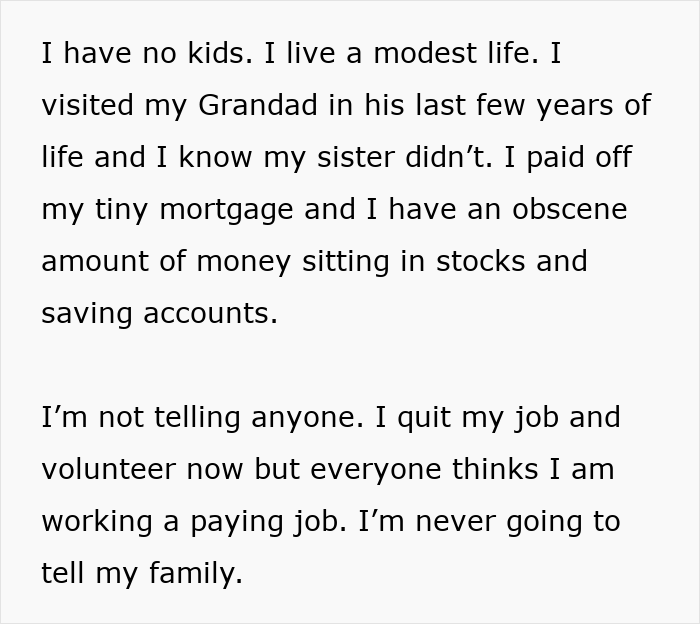 Text explaining a woman keeping her life-changing inheritance a secret from her family. Text explaining a woman keeping her life-changing inheritance a secret from her family.
