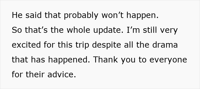 Online text update expressing excitement for an upcoming friend group trip despite ongoing drama.