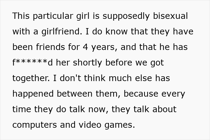 A text screenshot describing a girl who is friends with the boyfriend A text screenshot describing a girl who is friends with the boyfriend