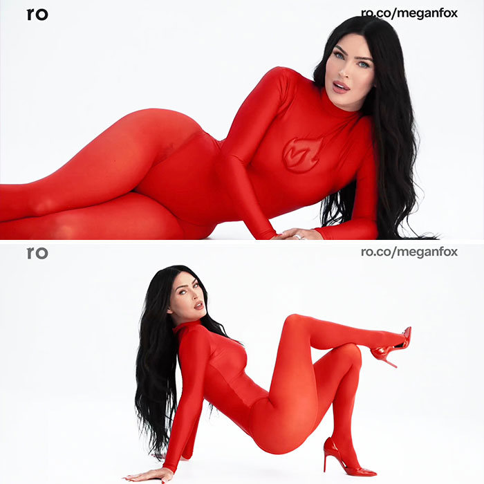 Megan Fox posing in a red bodysuit for her campaign for male performance issues. Megan Fox posing in a red bodysuit for her campaign for male performance issues.