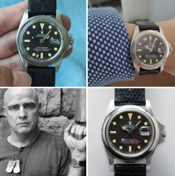 A collage showing Marlon Brando in Apocalypse Now and details of his famous movie props Rolex watch.