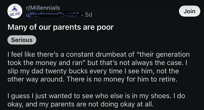 Reddit post discussing many parents being poor and financial struggles