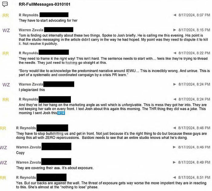 Leaked text messages showing Ryan Reynolds discussing a crisis strategy to defend Blake Lively.