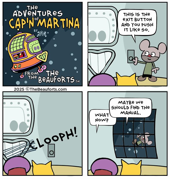 Funny space comics featuring a mouse character pushing an exit button and floating outside the spaceship Funny space comics featuring a mouse character pushing an exit button and floating outside the spaceship