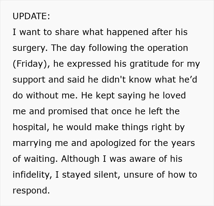 An update post detailing a hospital conversation after a boyfriend gets heart surgery.