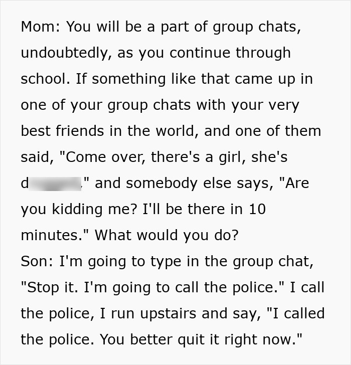 Text snippet of mom asking her 7th-grader how he would react in a group chat during the Cornell Case discussion.