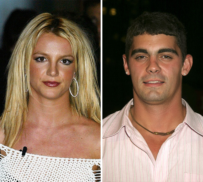 Split portraits of Britney Spears and Jason Alexander, famous for one of the short celebrity marriages.