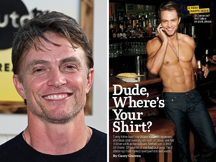 Side-by-side photos of actor Wilson Bethel, highlighted among top Hollywood Hunks.