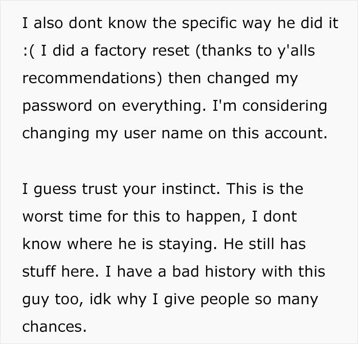 Text discussing factory reset and password changes after cheating and phone tracking Text discussing factory reset and password changes after cheating and phone tracking