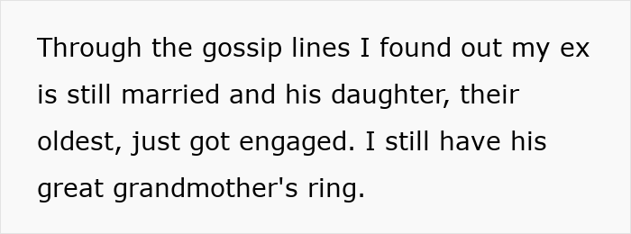 Text explaining how the woman kept her ex-husband's family heirloom ring after learning about his daughter's engagement. Text explaining how the woman kept her ex-husband's family heirloom ring after learning about his daughter's engagement.
