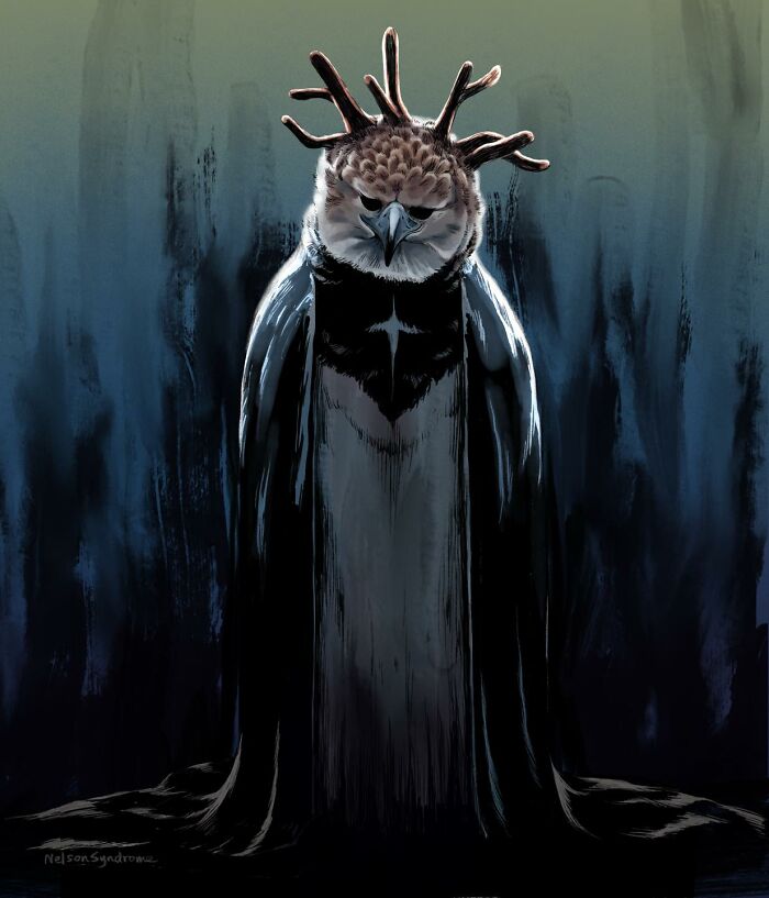Gothic parody illustration by Nelson Syndrome of a dark bird figure wearing a crown of twigs.
