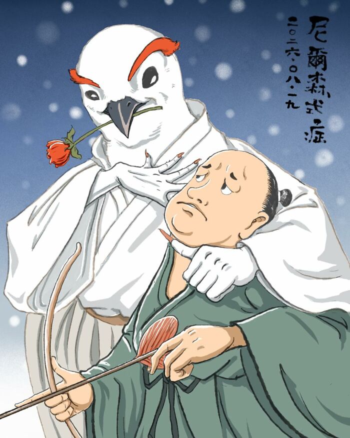 Japanese parody illustration by Nelson Syndrome featuring a bird warrior behind a sad samurai.