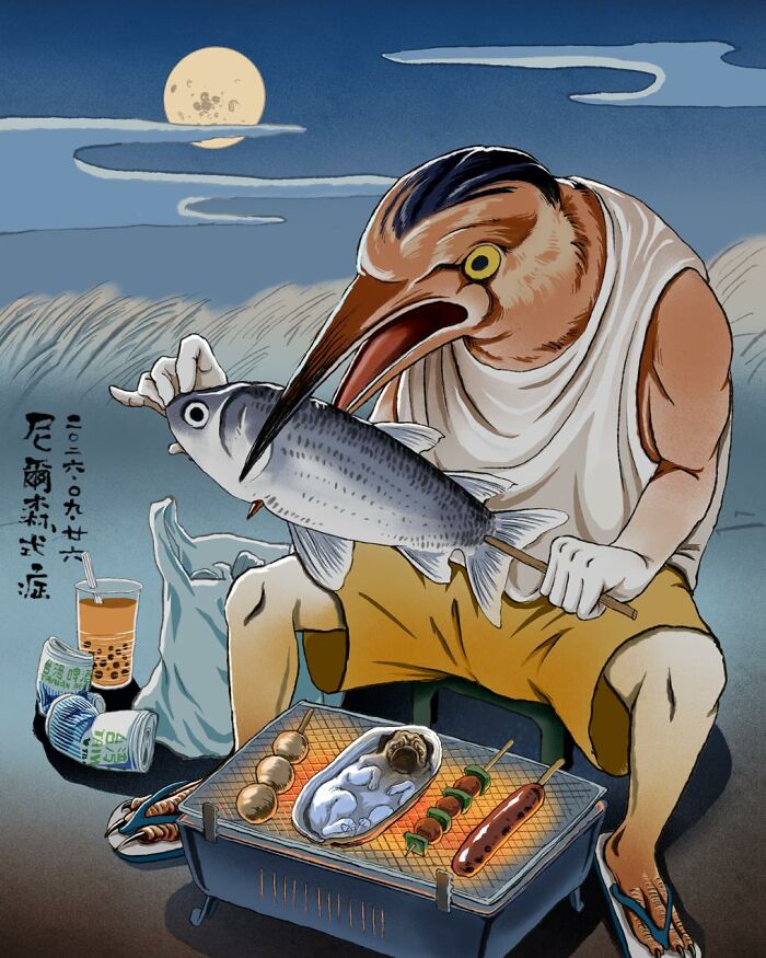 Parody illustration by Nelson Syndrome of a bird creature barbecuing fish next to a sleeping pug.