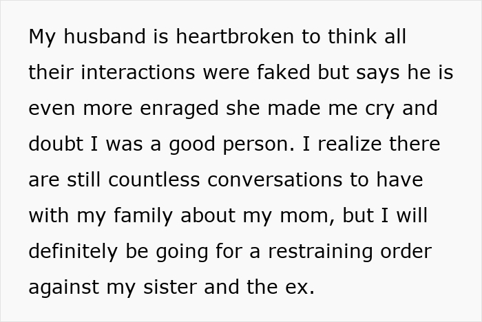 Text update regarding family dynamics after sister helps ex cross boundary