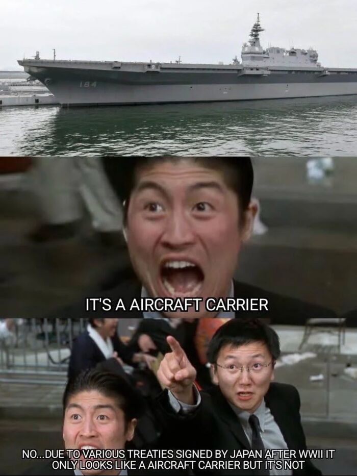 Meme about Japan's post-WWII aircraft carrier treaties and appearances