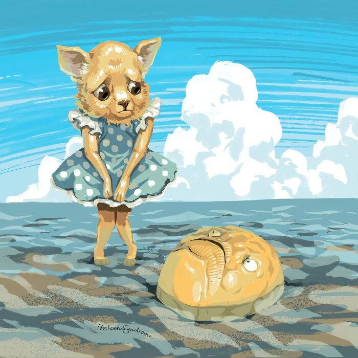Animal-filled parody illustration by Nelson Syndrome of a small dog in a blue dress standing by a pufferfish on a beach