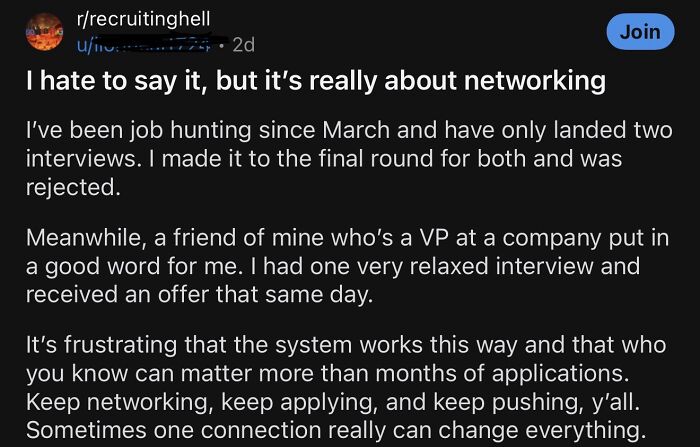 Financial dystopia Reddit post about job hunting and networking importance