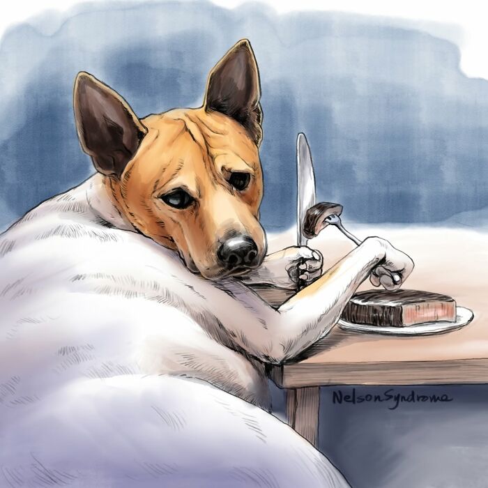 Nelson Syndrome animal-filled parodies painting of a dog with human hands holding a fork and knife over steak.