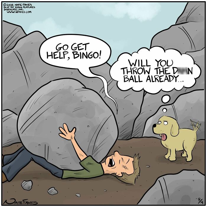 Dog comic with dog ignoring human trapped under rocks, asking to throw ball