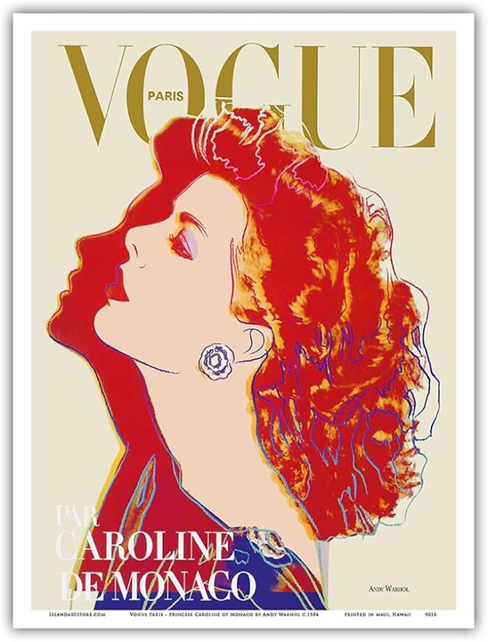 Pop art style vintage Vogue cover featuring an iconic fashion illustration of Caroline de Monaco by Andy Warhol.