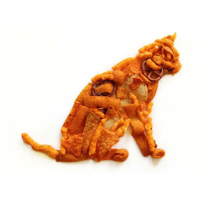 A cat shape formed from orange snacks, showcasing everyday food transformed into playful works of art.