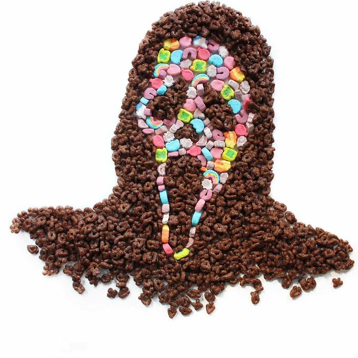 A spooky portrait made with cereal, an example of everyday food as playful works of art.